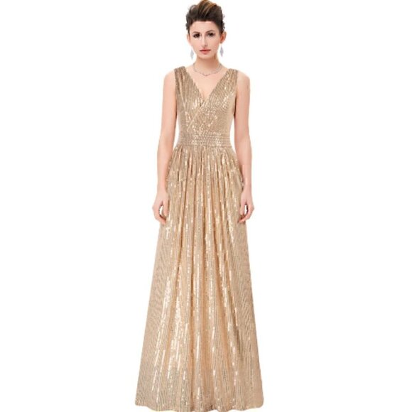 NWT Kate Kasin gold sequin evening gown, zip back, fully lined, size 8 - Picture 1 of 11